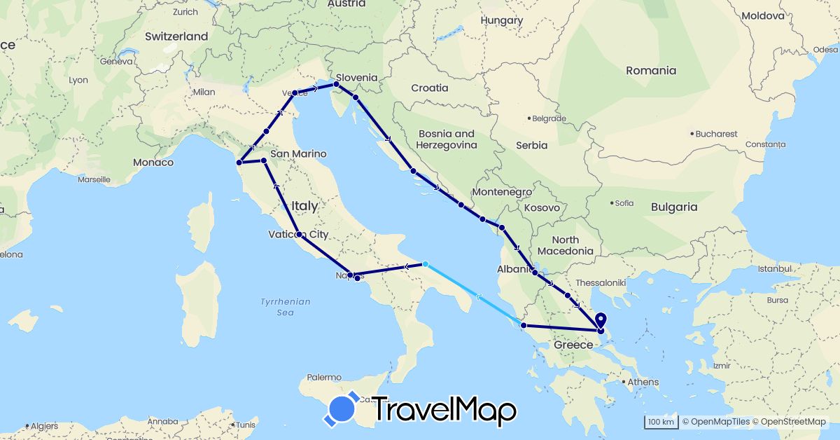 TravelMap itinerary: driving, boat in Albania, Greece, Croatia, Italy, Montenegro (Europe)